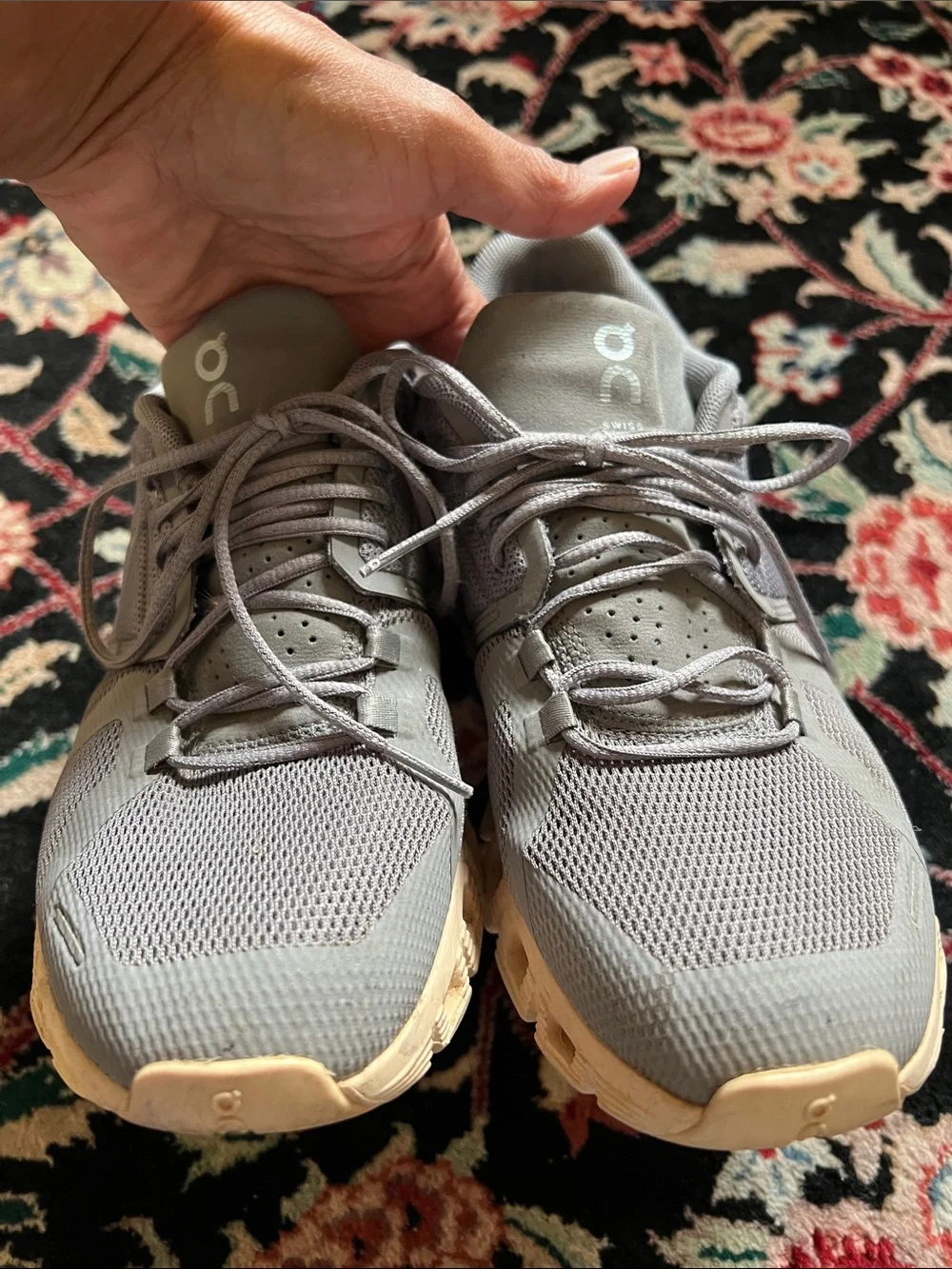 On Running Women’s Athletic Shoes in Light Gray with Tan Sole